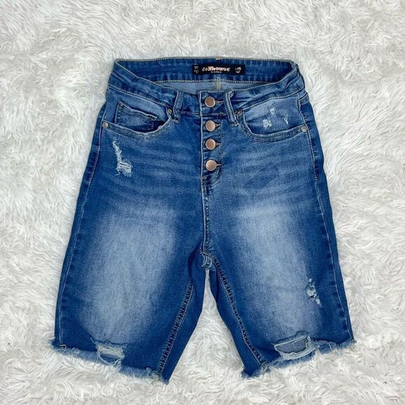 Dollhouse Long Distressed Denim Shorts Size 5 / 6 Juniors Jean Blue Button Fly - Picture 1 of 7